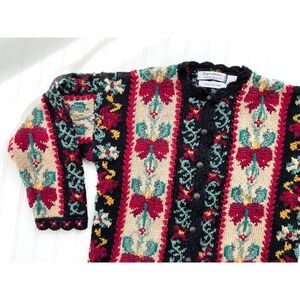 vtg Northern Isles black red floral hand knit‎ cardigan sweater size S